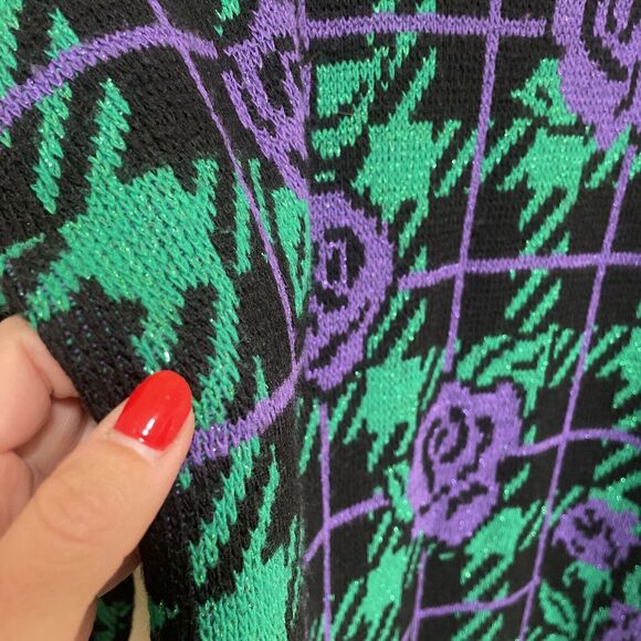 VTG Adele knitwear Green & Purple Floral Shimmer Sweater M/L Holiday Party USA - Picture 8 of 8